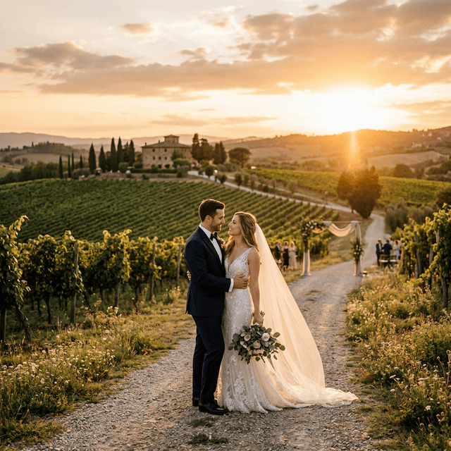 Romantic outdoor wedding photo at golden hour